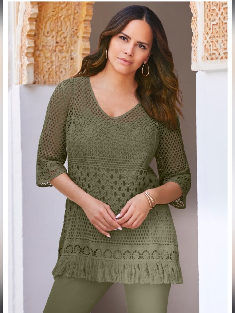 ROAMAN'S Crochet Fringe V-Neck Tunic in Olive